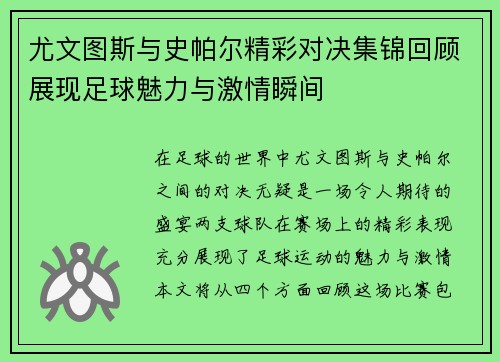 尤文图斯与史帕尔精彩对决集锦回顾展现足球魅力与激情瞬间