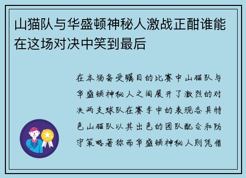 山猫队与华盛顿神秘人激战正酣谁能在这场对决中笑到最后